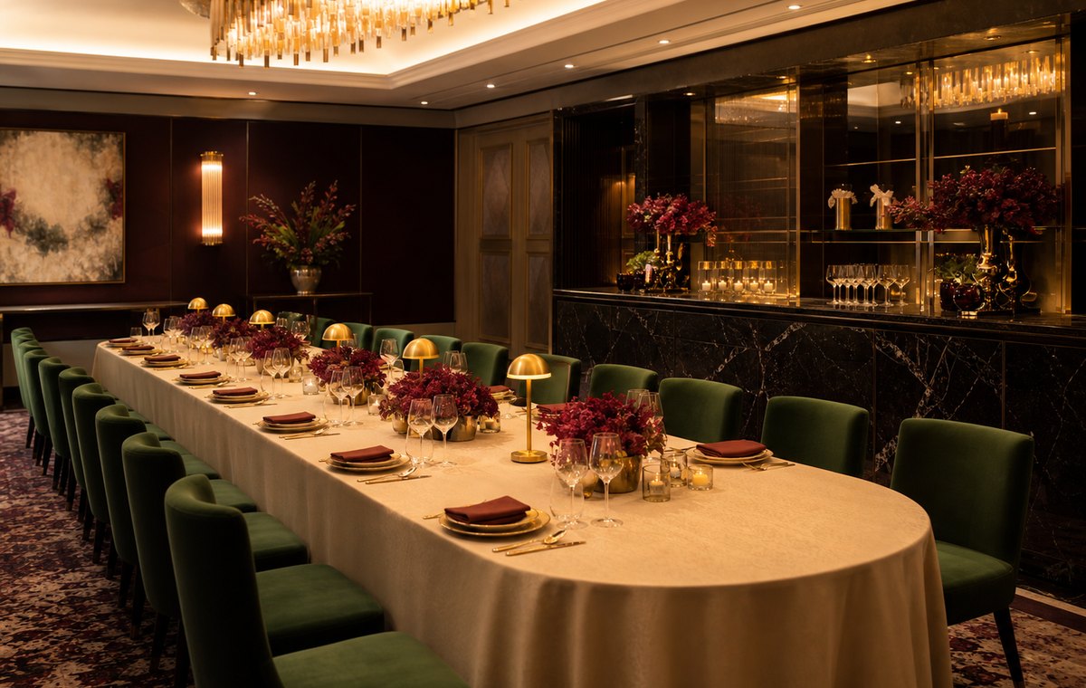 Privát rendezvényterem elegáns asztalterítéssel