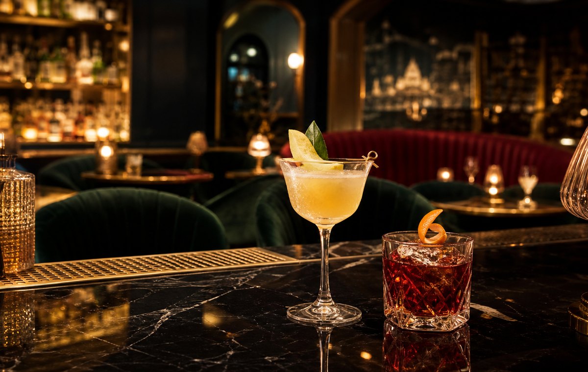 Koktél lounge arany fényekkel és mélyzöld bárszékekkel